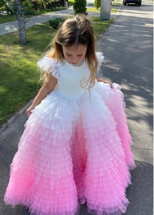Flutter Sleeves Tulle Gradient Ruffles Flower Girl Dress